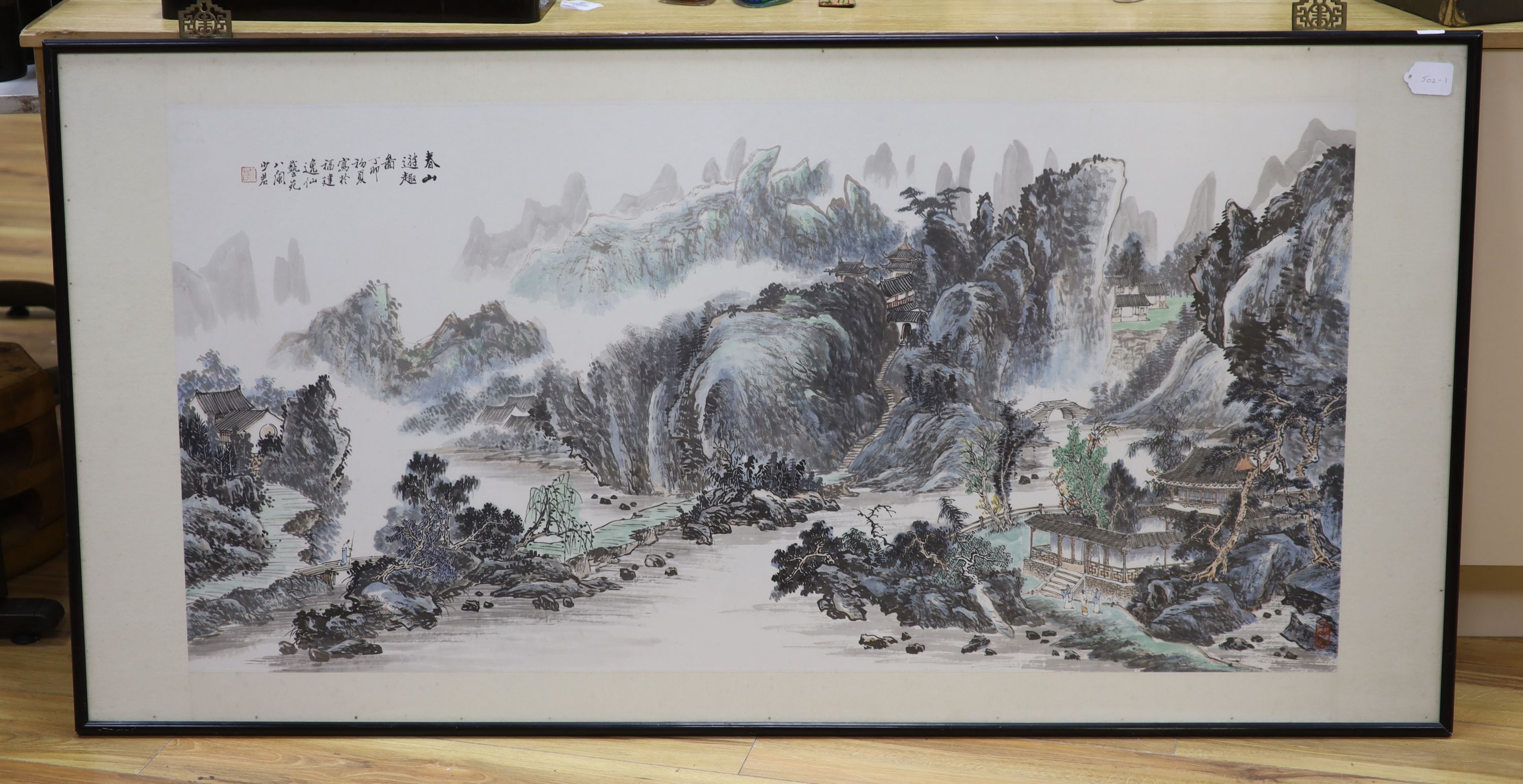 Chinese School, watercolour on paper laid on silk, Extensive landscape, 68 x 138cm